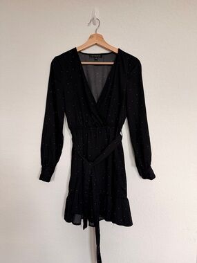 Dynamite Black Long-Sleeve Wrap Dress with Micro Silver Dots